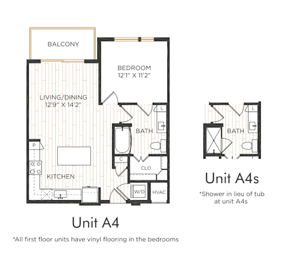 One-bedroom apartment with entry into the kitchen featuring an island and adjacent living/dining area with balcony access. Bedroom with direct bathroom access and nearby closet space. In-unit washer and dryer included. Bathroom features a walk-in shower.