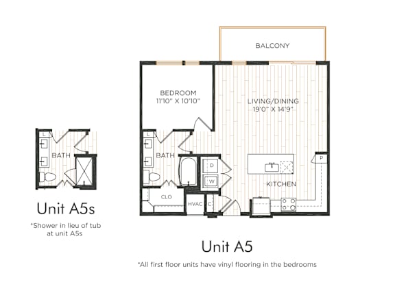 One-bedroom apartment with entry into the kitchen featuring an island and adjacent living/dining area with balcony access. Bedroom with direct bathroom access and nearby closet space. In-unit washer and dryer included. Bathroom features a walk-in shower.
