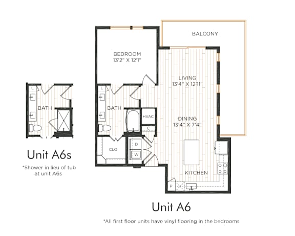 One-bedroom apartment with entry into the kitchen featuring an island and adjacent dining and living areas with balcony access. Bedroom with direct bathroom access and nearby closet space. In-unit washer and dryer included. Bathroom features a walk-in shower.