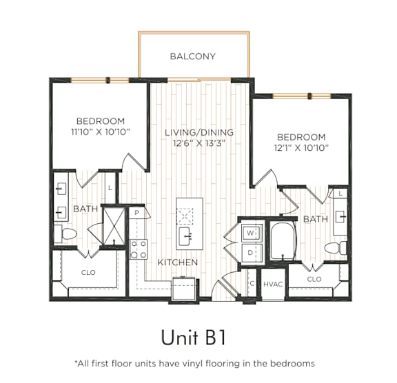 Two-bedroom apartment with entry into the kitchen featuring an island and adjacent living/dining area with balcony access. Split-bedroom layout with each bedroom offering direct bathroom access and nearby closet space. Primary bedroom includes a larger closet and dual vanity bathroom. In-unit washer and dryer included.