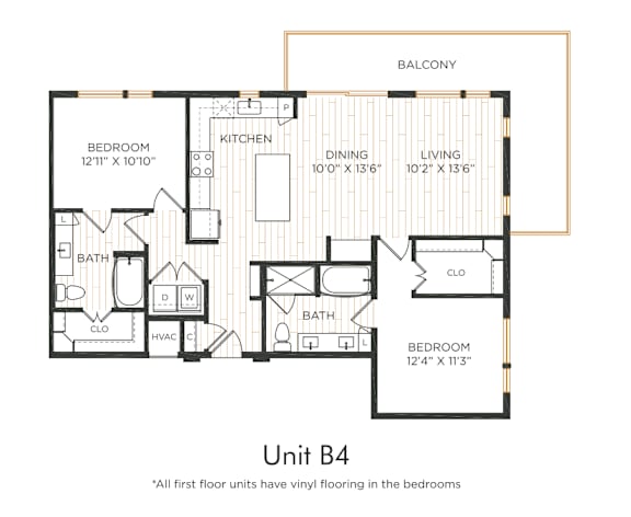 Three-bedroom apartment entry with mud area and washer dryer. Into the kitchen featuring an island and adjacent dining and living areas with oversized balcony access. Split-bedroom layout with two secondary bedrooms offering nearby bathroom access and closet space. Primary bedroom includes dual vanities, a larger closet, and direct bathroom access.