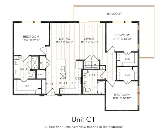 A floor plan of a residential unit with a balcony and details of each room.
