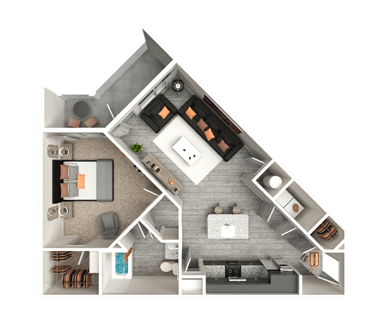 A top-down view of a house layout with a living room, kitchen, and bedrooms.