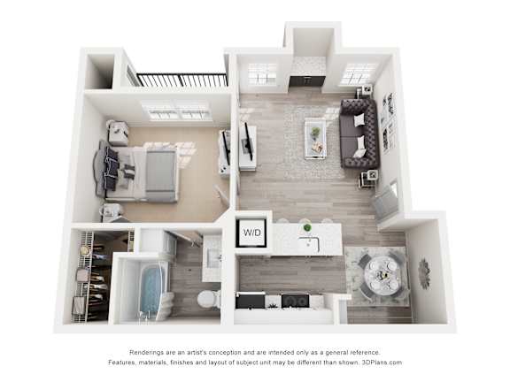 A 3D floor plan of a house with a kitchen, living room, and bathroom.