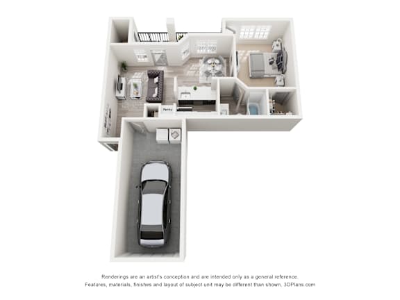 A 3D floor plan of a house with a car parked in the driveway.