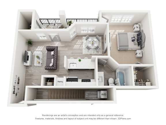 A 3D floor plan of a house with labeled rooms.