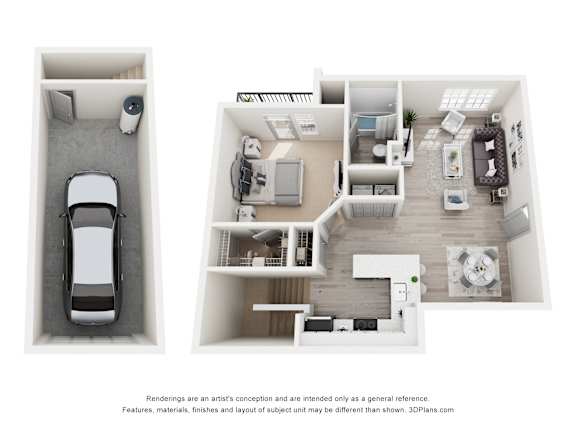 A car is parked in a garage and a floor plan of a house is shown.