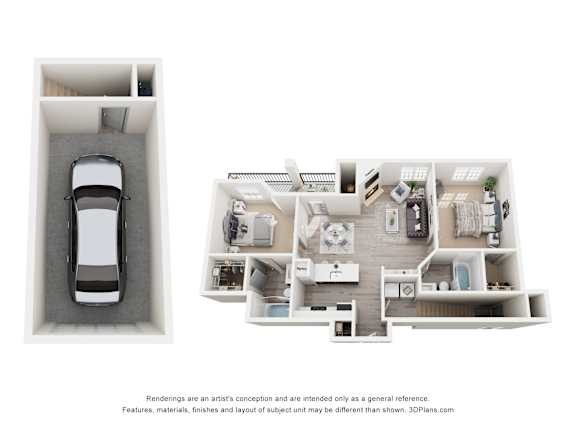 A rendering of a car in a parking garage and a 3D floor plan of a house.