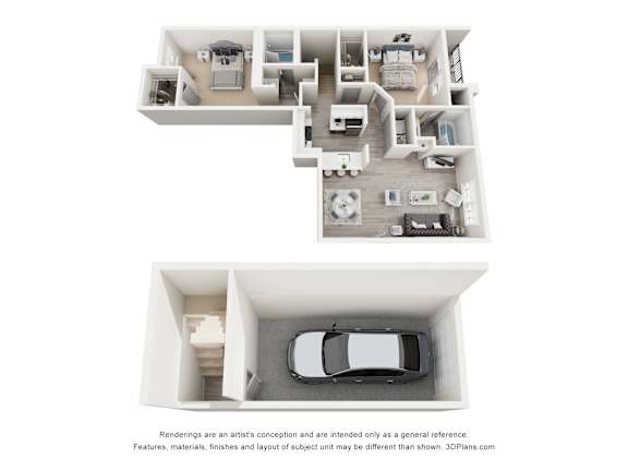 A 3D floor plan of a house with a car parked in the garage.
