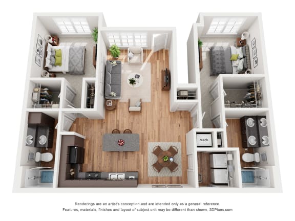a stylized floor plan with a bedroom and living room