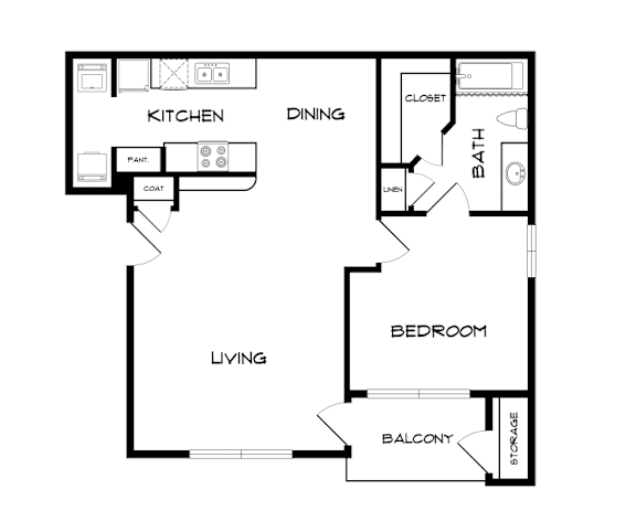 A black and white floor plan of a small apartment with a living room, kitchen, dining room, bedroom, and balcony.