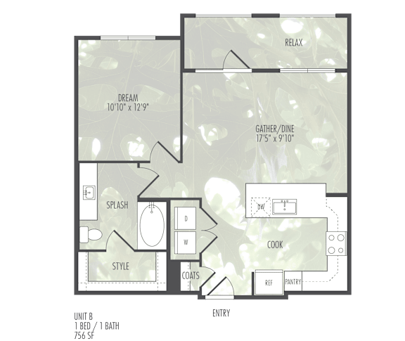 A floor plan of a house with a bedroom, a bathroom, a living room, a dining room, a kitchen, a pantry, a laundry room, and a garage.