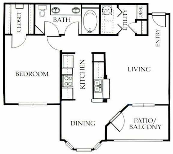 A floor plan of a home with a bedroom, kitchen, dining area, and bathroom.