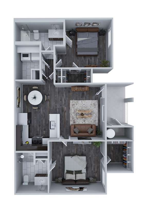 A 3D floor plan of a modern apartment with a living room, kitchen, and bedroom.