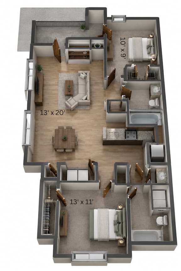 A 3D image of a floor plan of an apartment.