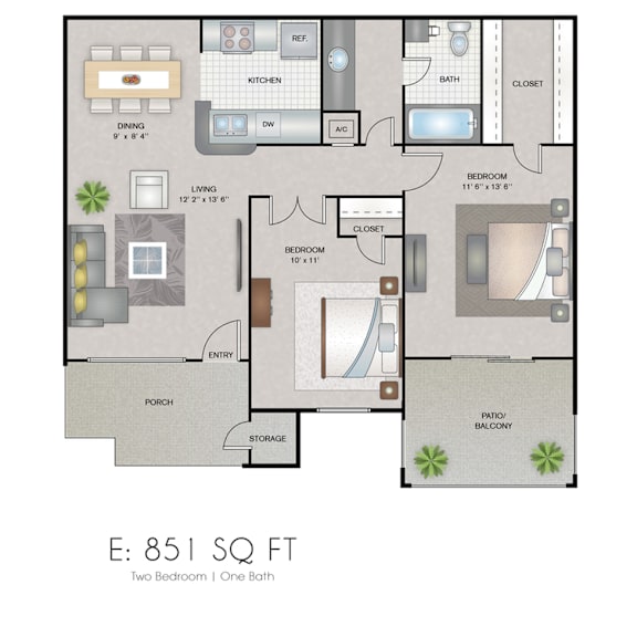 A floor plan of a two bedroom apartment with one bath.