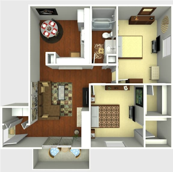 A 3D rendered image of a small apartment layout.