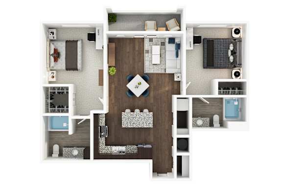 A top-down view of a house layout with a living room, kitchen, and two bedrooms.