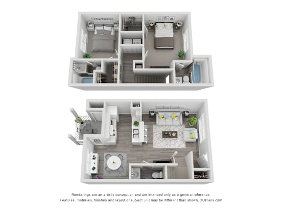 A 3D floor plan of a house with two bedrooms, a living room, a kitchen, and a bathroom.