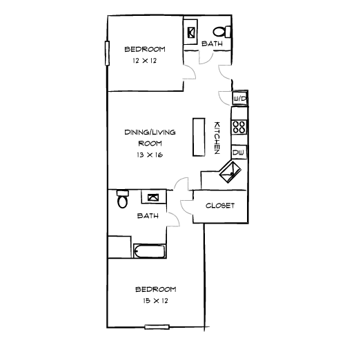 A floor plan of a house with two bedrooms, a bathroom, a dining/living room, a globe, and a second bathroom.