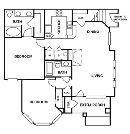 A black and white floor plan of a house with a living room, dining room, kitchen, two bedrooms, a bathroom, and an extra porch.
