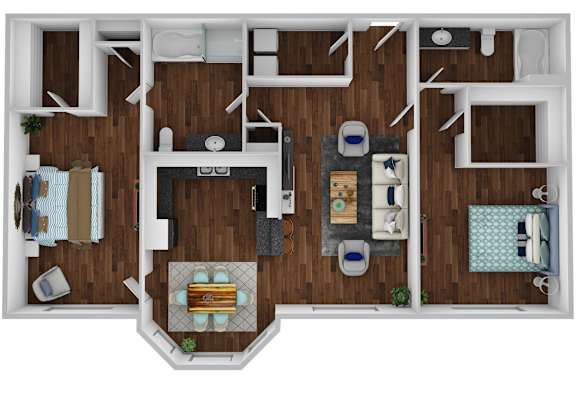 A top-down view of a well-organized apartment with a kitchen, living room, and bedroom.