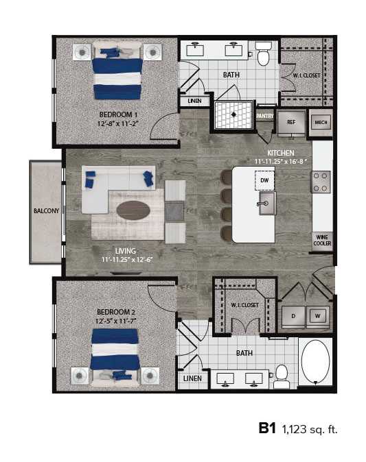 A floor plan of a one bedroom apartment with a balcony.