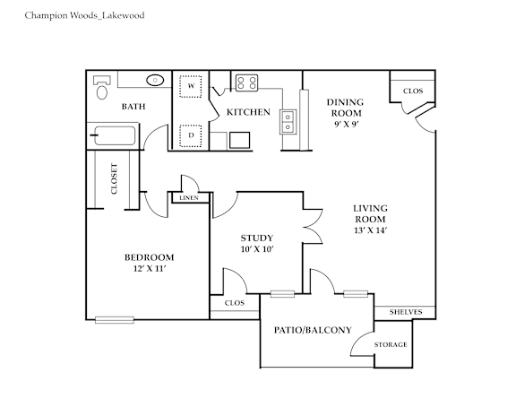 A floor plan of a home layout with a living room, dining room, kitchen, bathroom, bedroom, patios and storage.