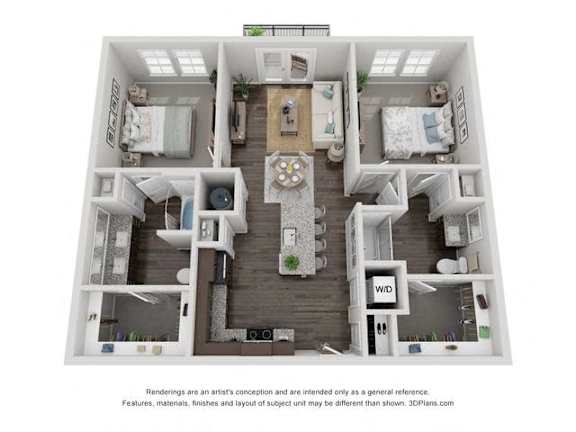 A 3D floor plan of a house with a kitchen, living room, and two bedrooms.