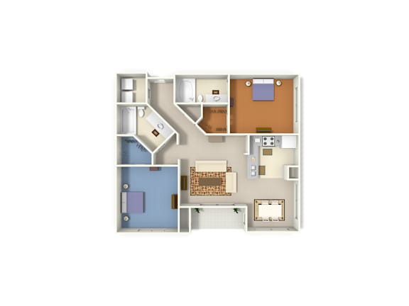 A floor plan of a house with a kitchen, living room, and two bedrooms.