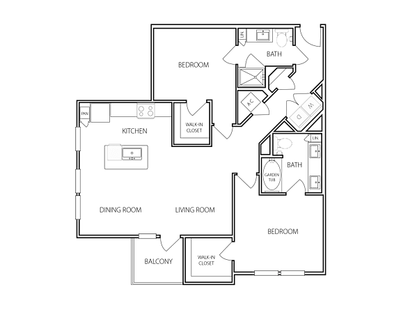 A floor plan of a house with a kitchen, dining room, living room, and bedrooms.