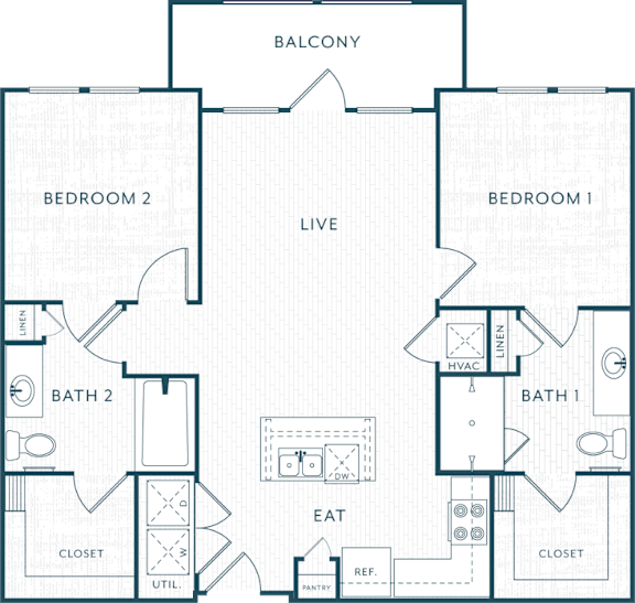 A floor plan of a home with two bedrooms, a live area, a bathroom, a closet, and an eat area.