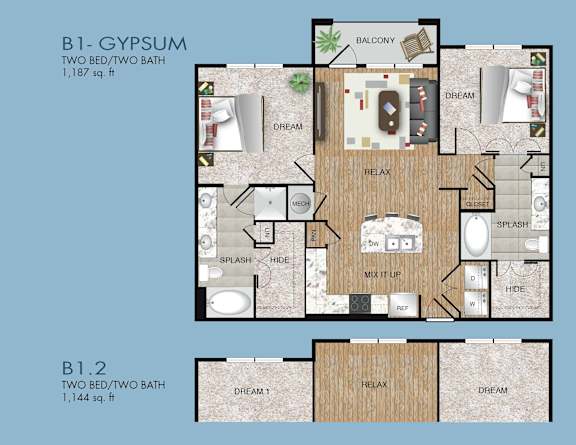 A floor plan of a two bedroom apartment with a balcony.
