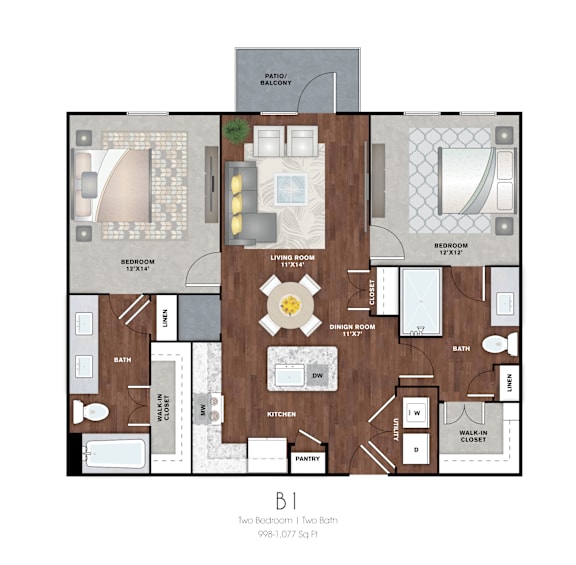 A floor plan of a two bedroom, two bath condo with a living room, dining room, kitchen, and balcony.
