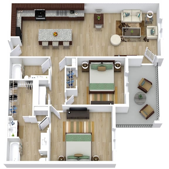 A top-down view of a modern, open-plan living space with a kitchen, dining area, and lounge.