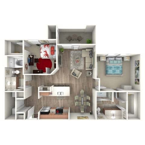 A 3D rendered image of a small apartment layout.