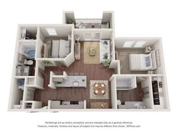 A 3D floor plan of a house with a kitchen, living room, and two bedrooms.