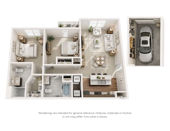 A floor plan of a house with a kitchen, living room, bedrooms, and a garage.