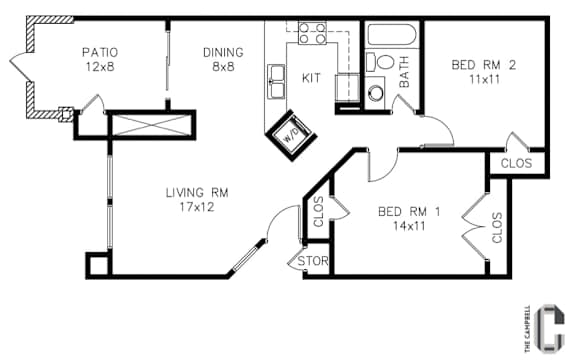 A black and white floor plan of a house with a living room, dining room, kitchen, two bedrooms, a patio, and a storage area.