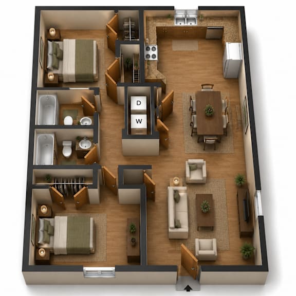 A 3D floor plan of a house with labeled rooms.