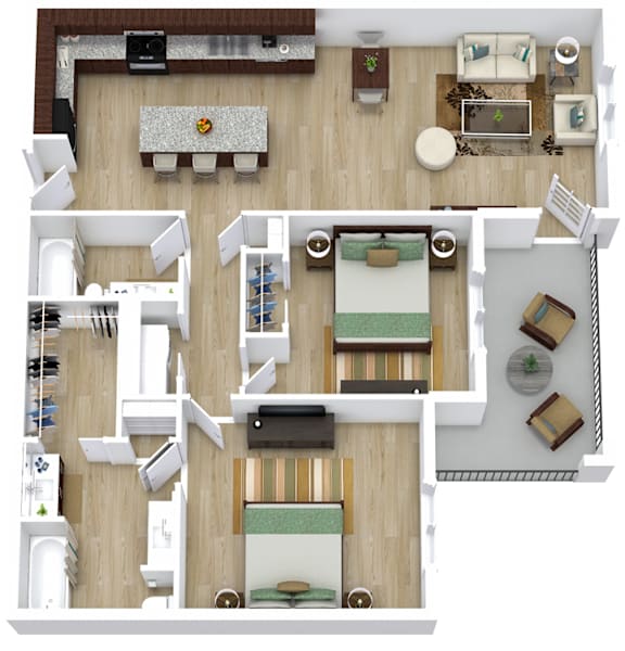 A top-down view of a modern apartment layout with a kitchen, living room, and bedrooms.