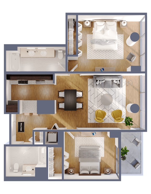 A floor plan of a house with a living room, two bedrooms, a bathroom, and a kitchen.