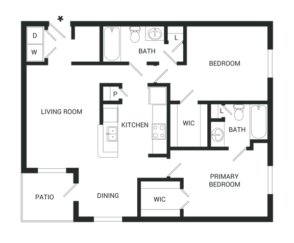 A floor plan of a house with a living room, dining room, kitchen, two bedrooms, and a bathroom.