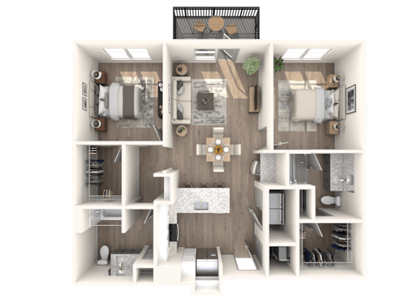 A 3D floor plan of a house showing a kitchen, living room, and two bedrooms.