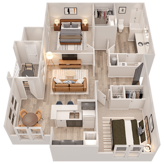 A top-down view of a well-organized apartment with a bedroom, living room, kitchen, and bathroom.