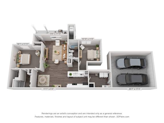 a stylized 3d floor plan with a car and a balcony