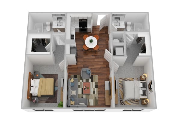 a stylized floor plan with a bedroom and living room