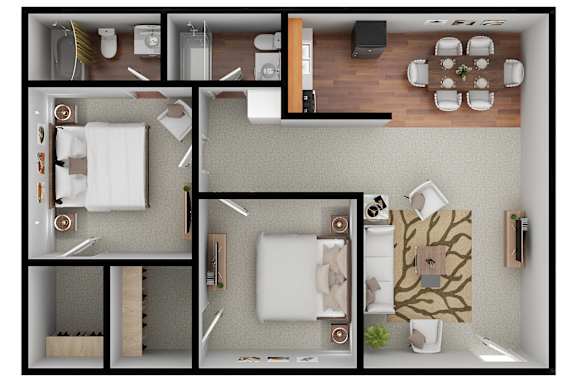 A series of images showing a top-down view of a room with a dining table, chairs, and a kitchen area.