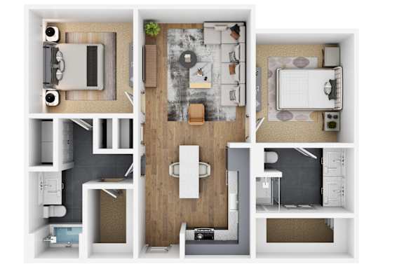 A top down view of a small apartment with a kitchen, living room, and bathroom.