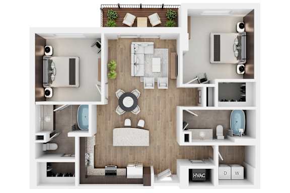 A top-down view of a modern apartment layout with a kitchen, living room, and bathroom.